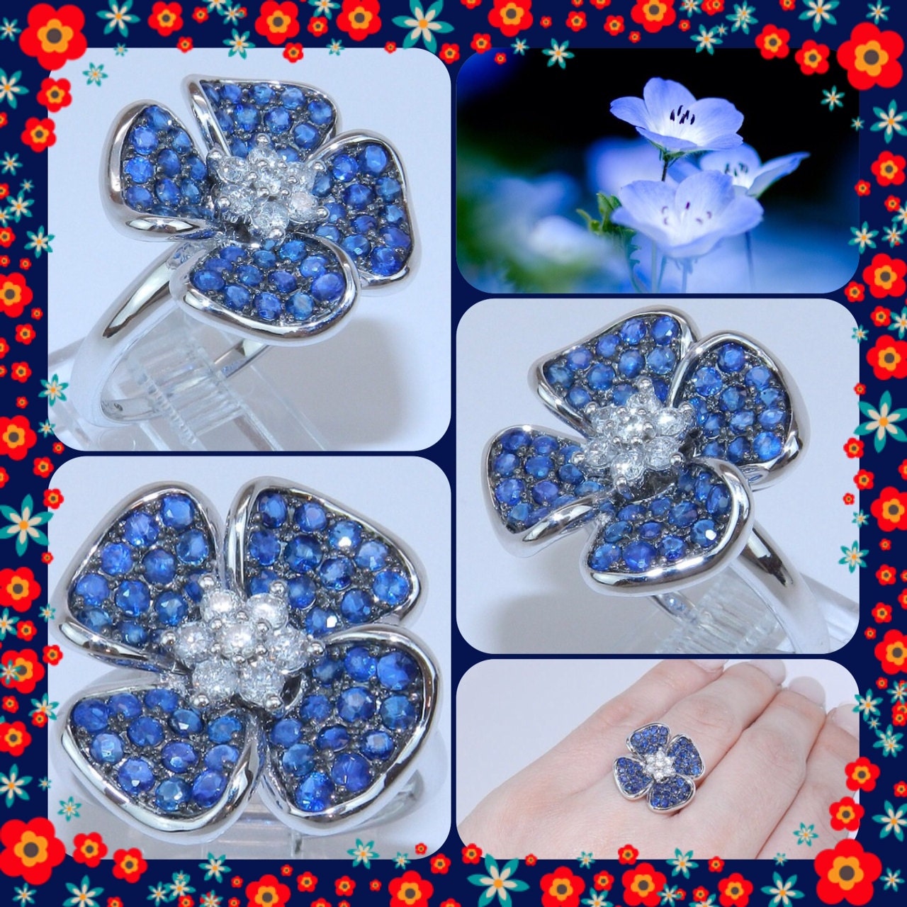 RESERVED 14K White Gold Diamond and Sapphire Flower Unique Right Hand Ring