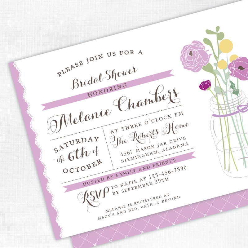 Vintage Mason Jar Bridal Shower Invitation - purple - PRINTED - Printable file also available Il_570xn