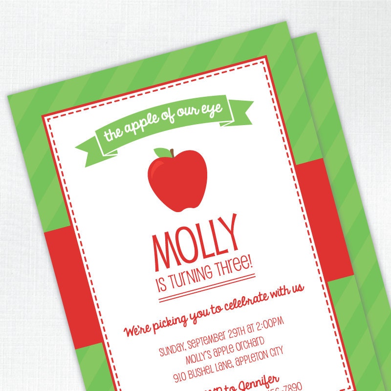 Apple of Our Eye Birthday Party Invitation - PRINTED - Printable file also available Il_570xn