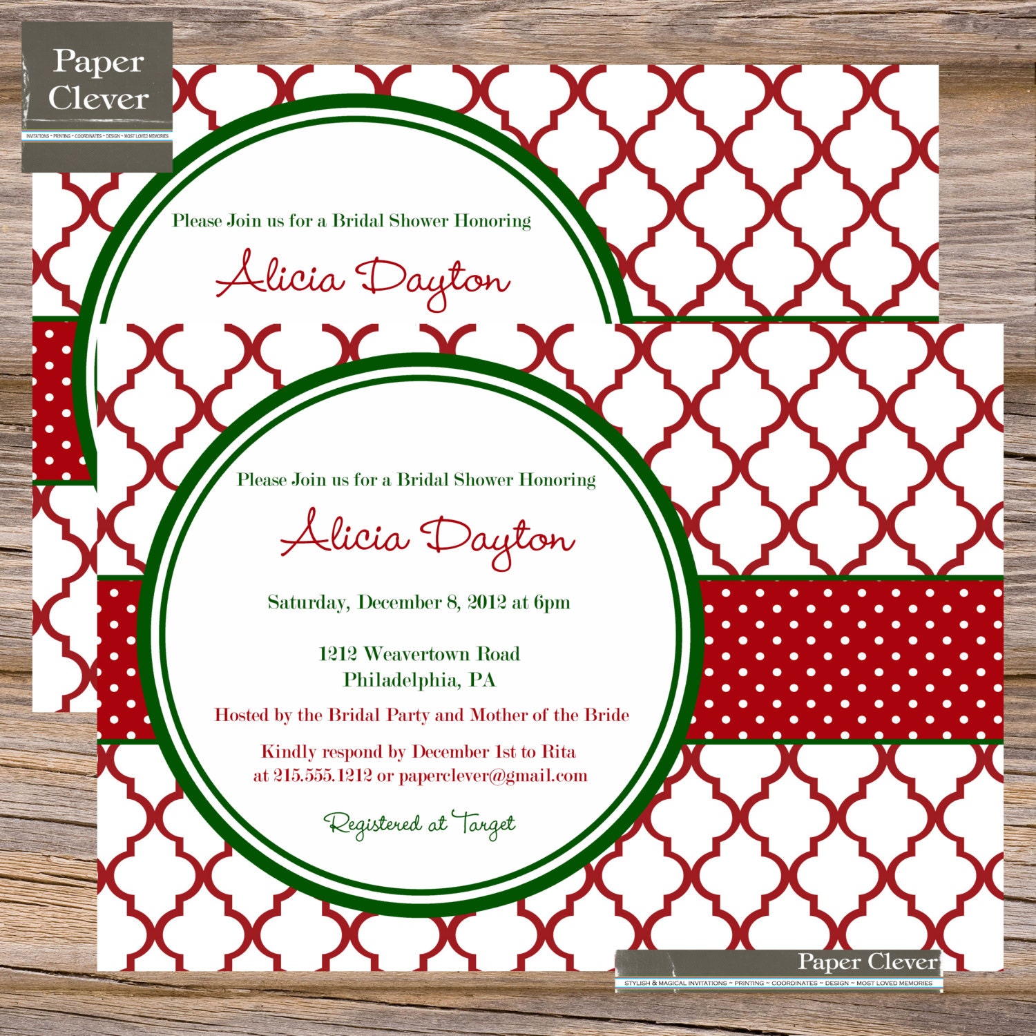 Bridal Shower Invitation, red quarterfoil withh green - digital file, printable Il_570xn