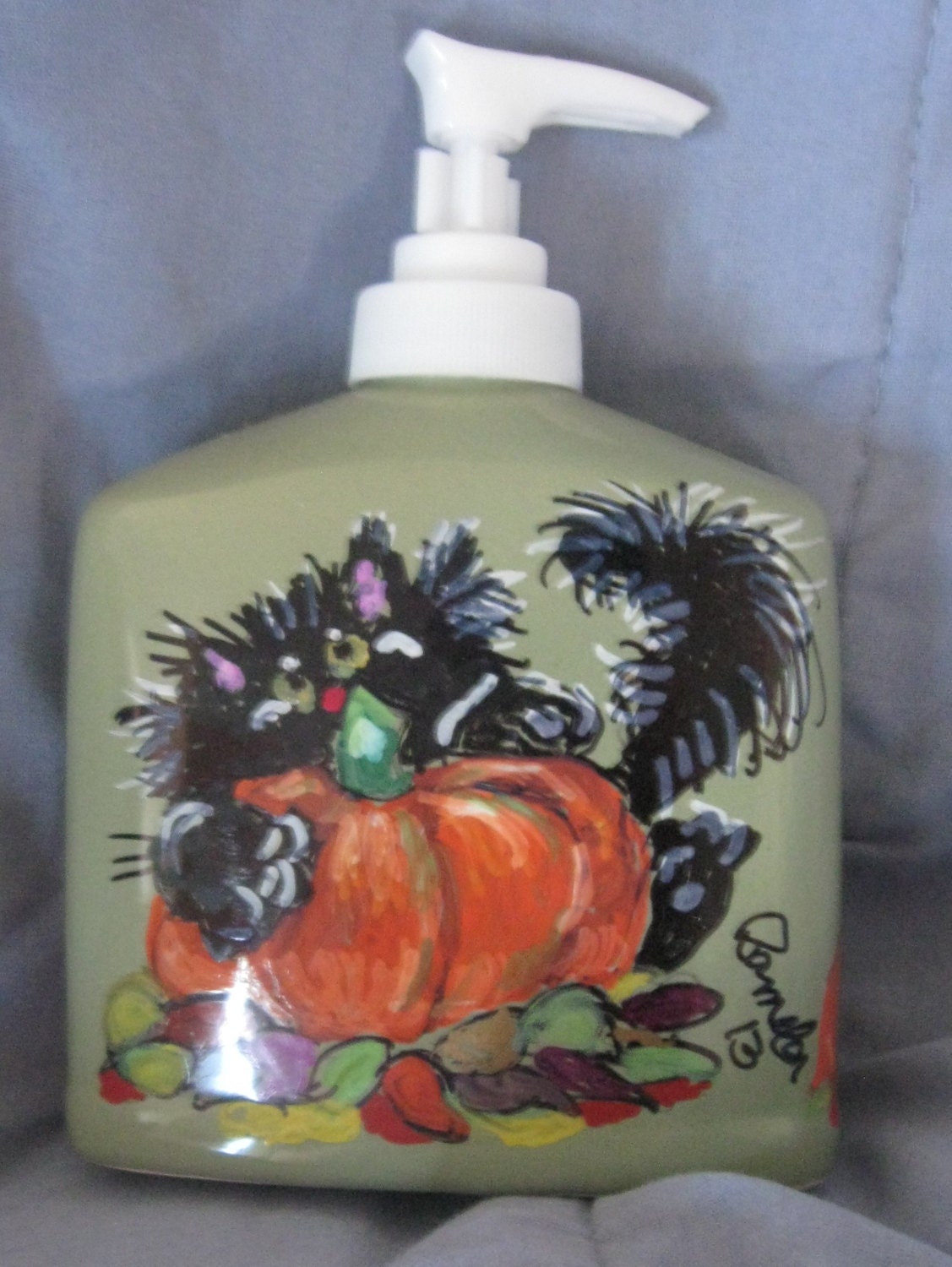 6 Inch Tall Soap dispenser for Halloween or Fall Time Hand Painted home decor, Black Cat  ready for a Booitful Halloween