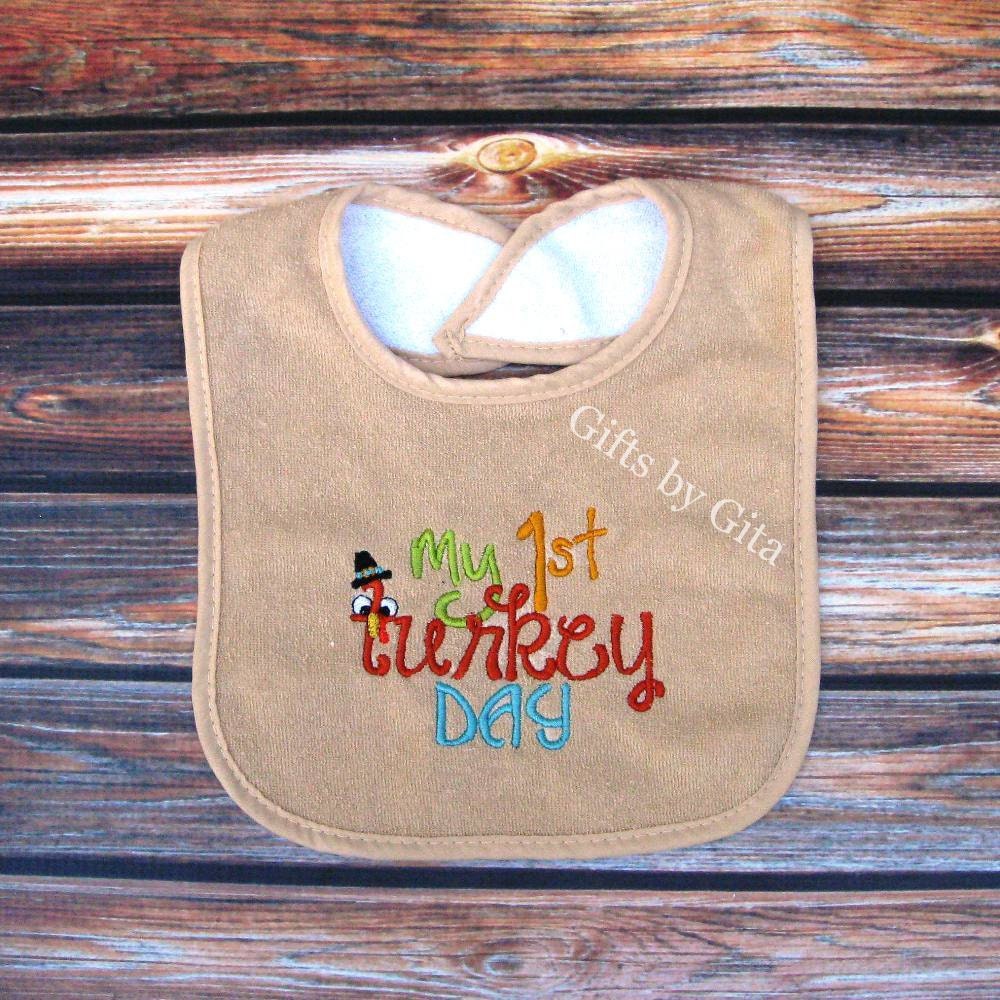 First Thanksgiving bib, first turkey bib, boy version, embroidered holiday bib - GiftsbyGita