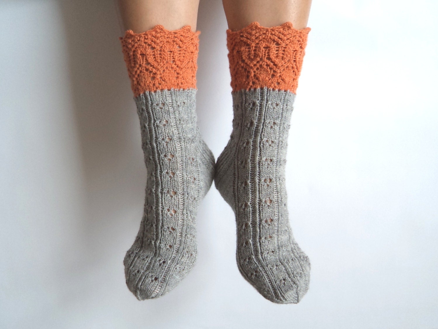 Luxurious hand knit wool socks. Orange. Grey. Gray. Gift for her. Autumn winter accessories. Gift for her. Bed socks. Boudoir. House socks - GrietaKnits