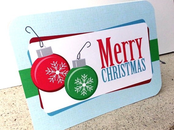 Retro Folded Christmas Cards - 6 to 250 PRINTED with Rounded corners - Snowflake ornament bulbs Il_570xn