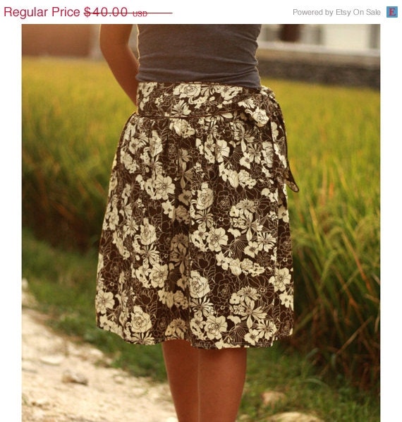 CLEARANCE SALE 30% Brown Floral Midi Skirt with sash belt