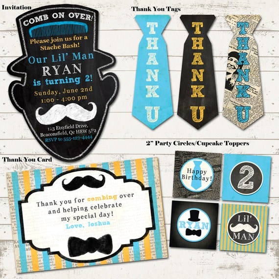 Mustache Bash Birthday Party Pack - Vintage Inspired - Blackboard, Newsprint - Custom, Printable - Chalkboard, Mustache - 4 ITEMS Il_570xn