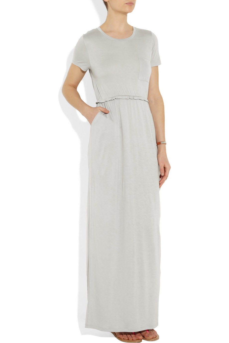 gray maxi dress. .Scoop neckline and slit pockets. Shortlong sleeves ...