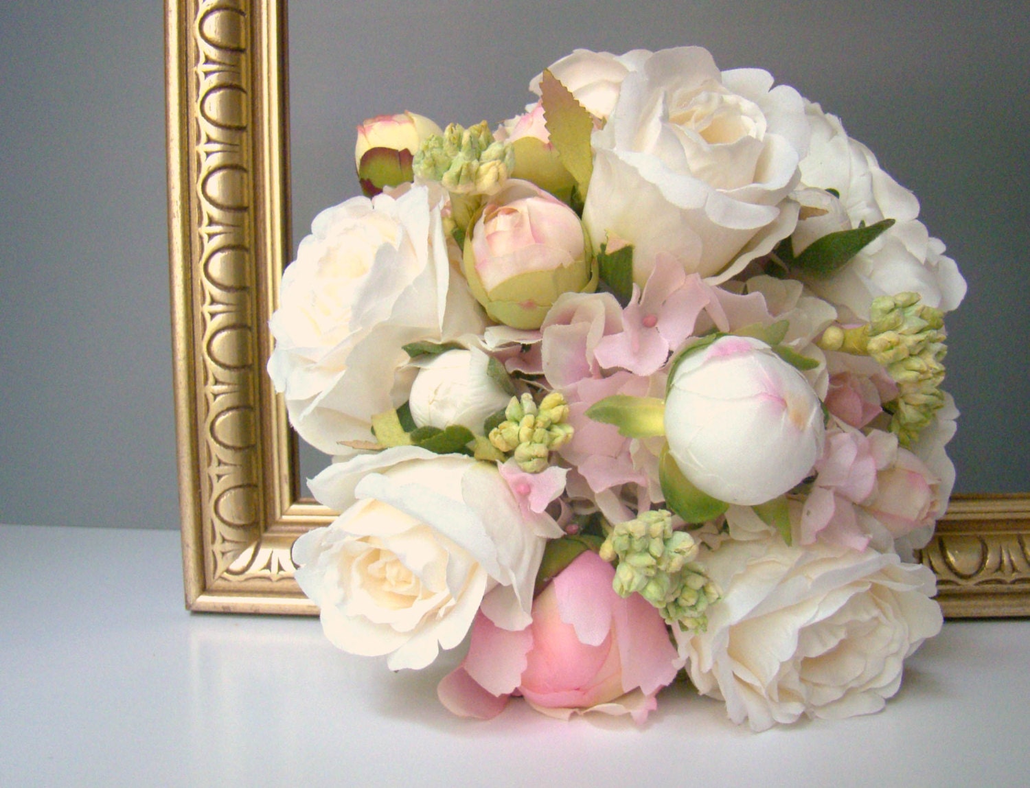 Bridal Wedding Bouquet, Garden Wedding, Pastel, White, Pink, Green, Vintage Wedding, Rose, Peony - TwiningVines