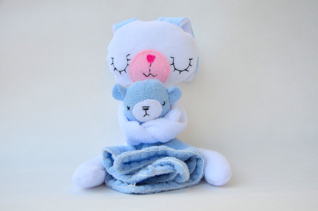 Stuffed Animal  White Bunny with blanket white and blue - baraqada