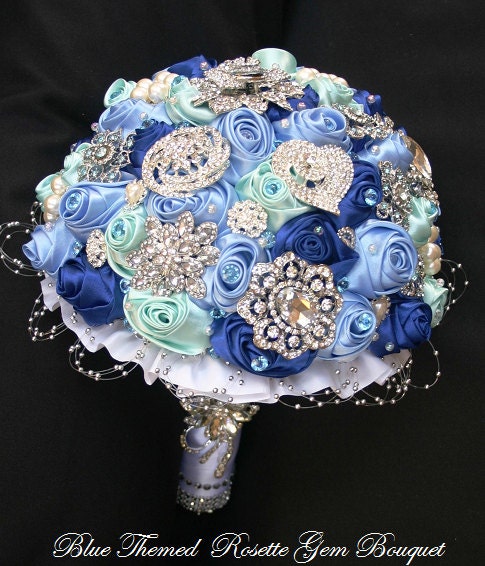 Blue Themed Bridal Bouquet, Satin Rose Brooch Bouquet, Brooch Bouquet, Blue bouquet, satin rose bouquet