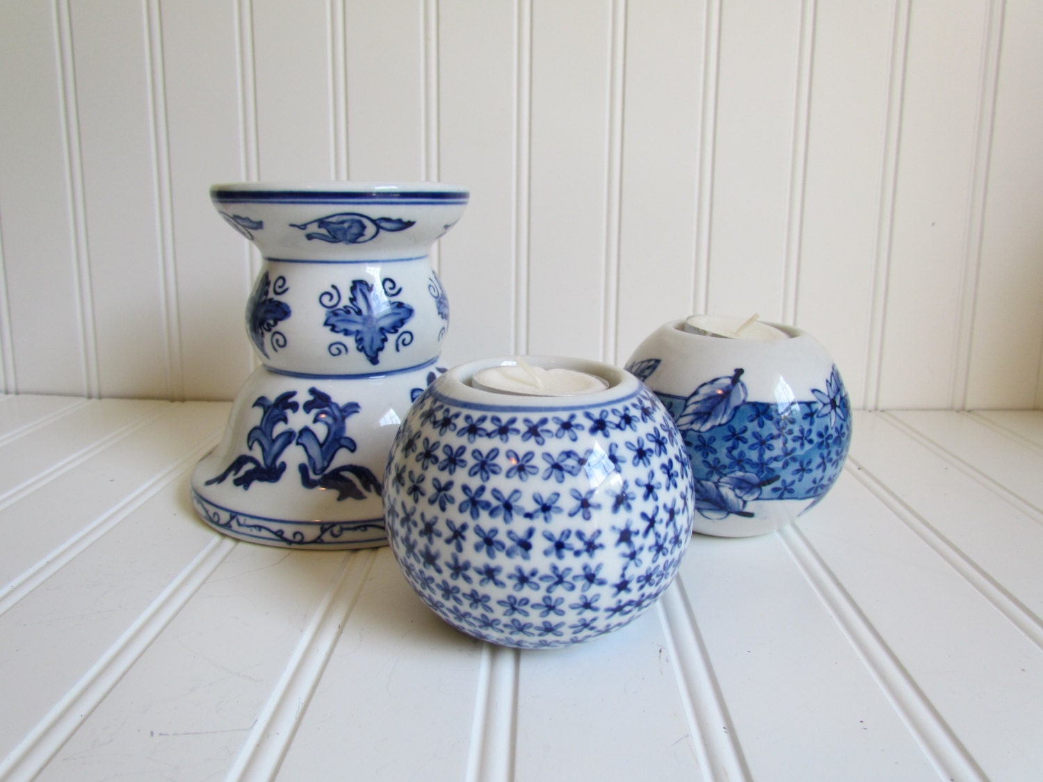Pretty Blue And White Candle Holders by jleevintage on Etsy