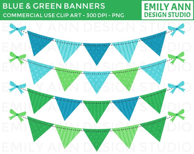 DOLLAR SALE Black Friday Cyber Monday - Blue and Green Bunting Banners Cute Clip Art - polka dots stripes - Commercial Use Il_570xn