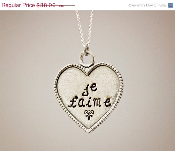SALE - Je t'aime (I love you) - Hand Stamped Necklace - Sterling Silver Heart - Custom Made - Can be personalized by request