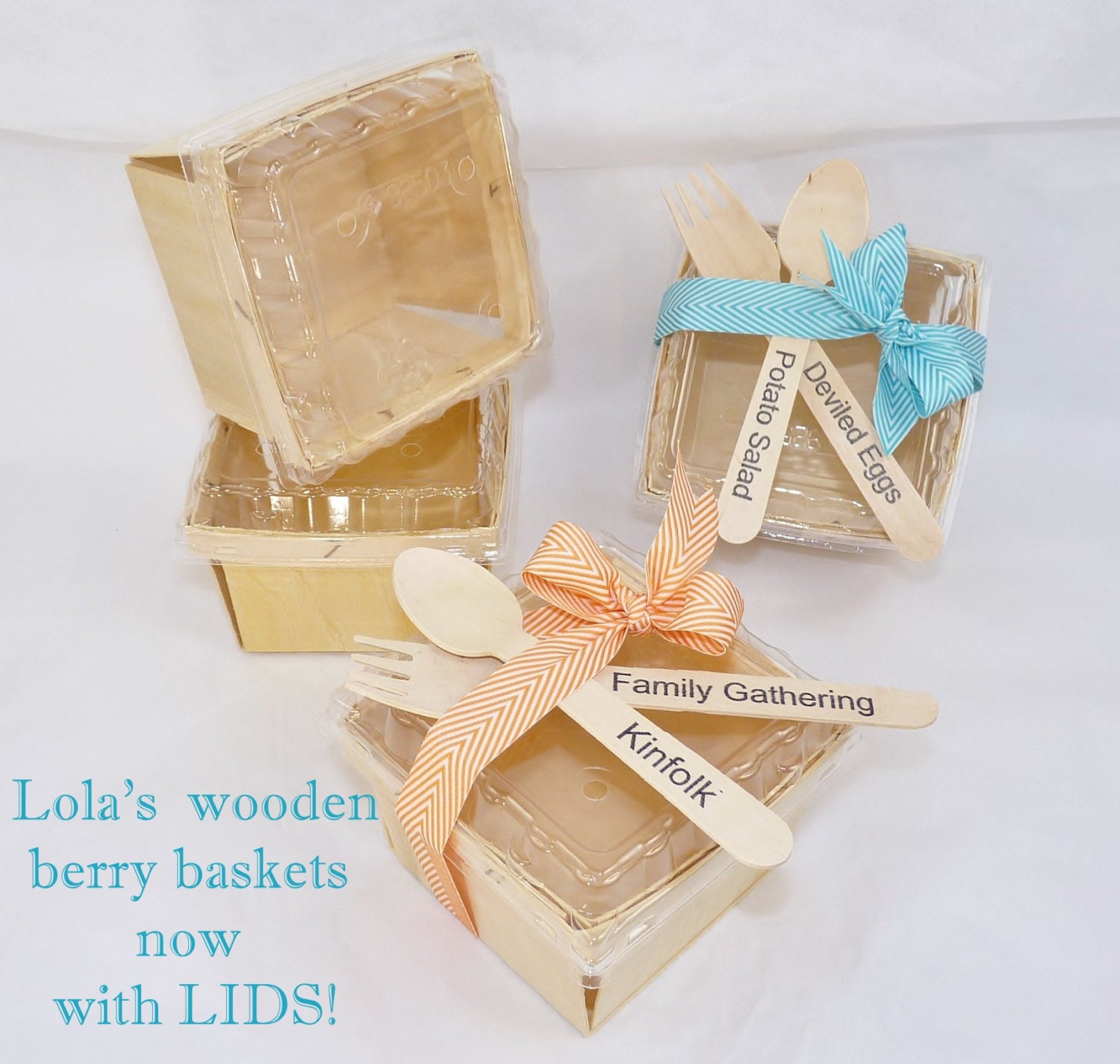 8 WOOD Berry Baskets with New LIDS & Wood stamped Fork - Spoon set- Farmers Market Crates Perfect Pie Slice Boxes - Wedding Cake Favors Il_570xn