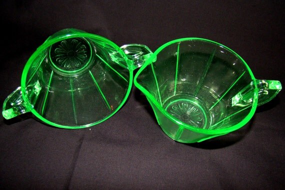 Green Depression Vaseline Glass Creamer & by CallahanCollectibles