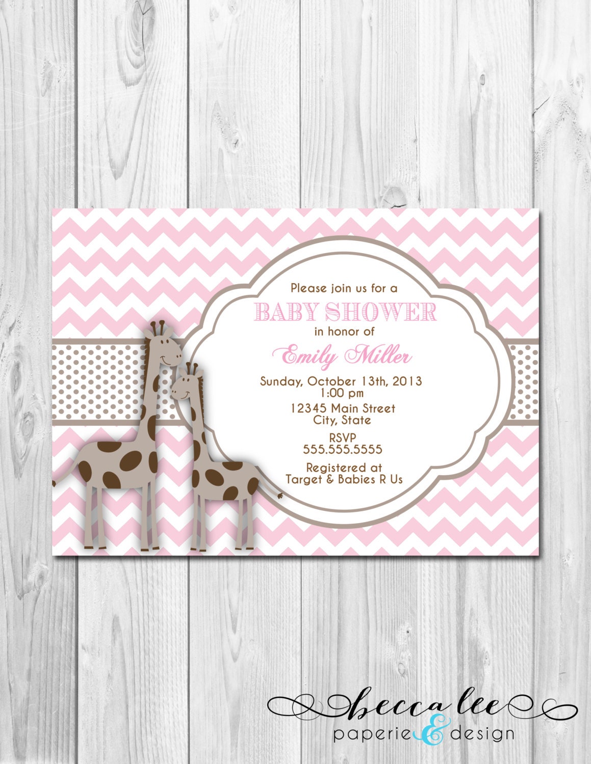 Little Giraffe Baby Shower Invitation - Brown and Pink - Chevron Stripes - DIY - Printable Il_570xn