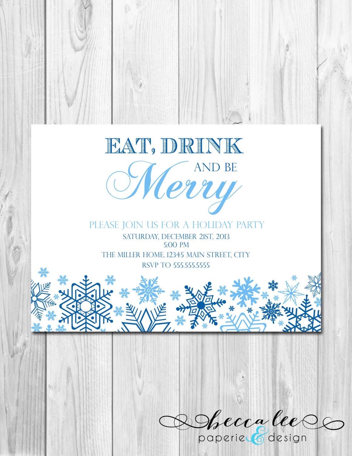 Holiday Party Invitation - Eat, Drink & Be Merry - Blue Snowflakes - DIY - Printable Il_570xn