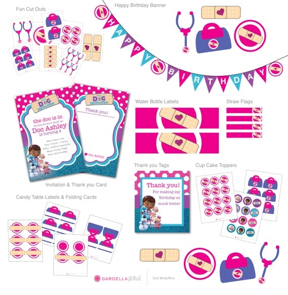 Doc Mcstuffins invitation, Doc Mcstuffins Thank you Cards, Doc Mcstuffins Birthday Party, Doc Mcstuffins Cupcake Toppers, Doc Mcstuffins