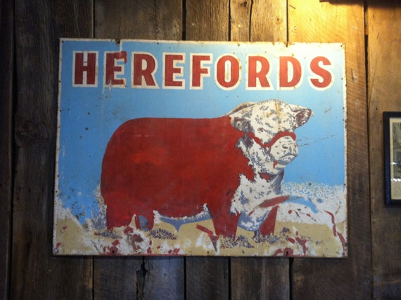 Antique Metal Double Sided Hereford Cattle Sign By Smalltownjunk