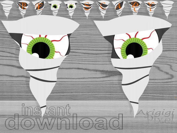 instant download, printable Halloween garland, mummy, spooky eyes, gray, green eyeballs, '' be scary '' text, party banner, DIY Il_570xn