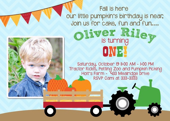 Fall Tractor with Pumpkins 1st Birthday Party Invitations - printable Il_570xn