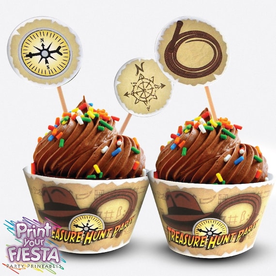 Print Your Fiesta editable digital party set - Treasure Hunt Cupcake Kit - cupcake wrappers, circle toppers, flags, Free shipping Il_570xn