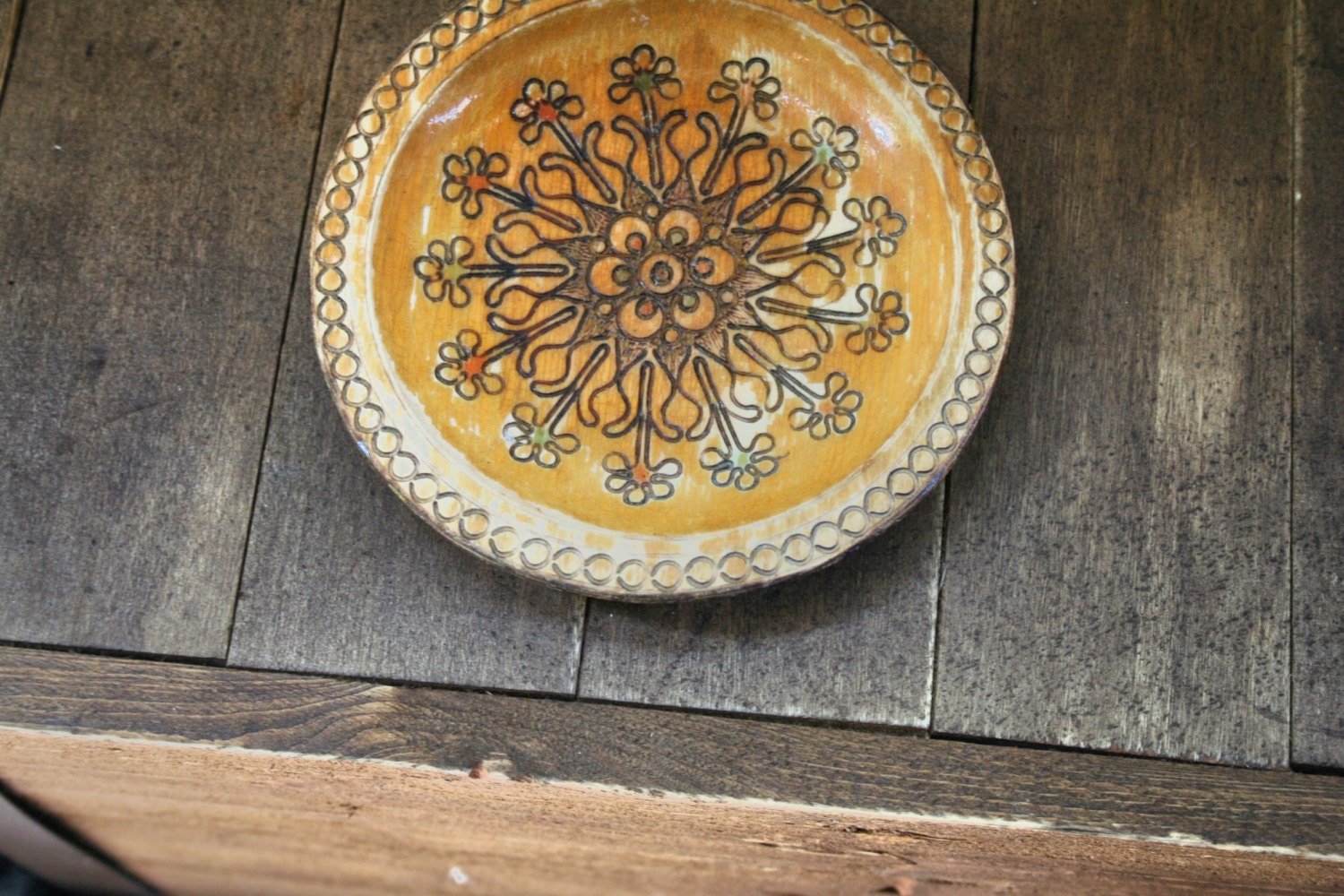 Small Decorative Wood Plate, Carved Wooden Plate, Flower Plate, Vintage Home Decor - MyOliviaVintage