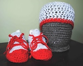 Crochet Baby Hat and High Top Booties - Bamboo/Cotton Blend - Gray and Red - BridgetsCollection