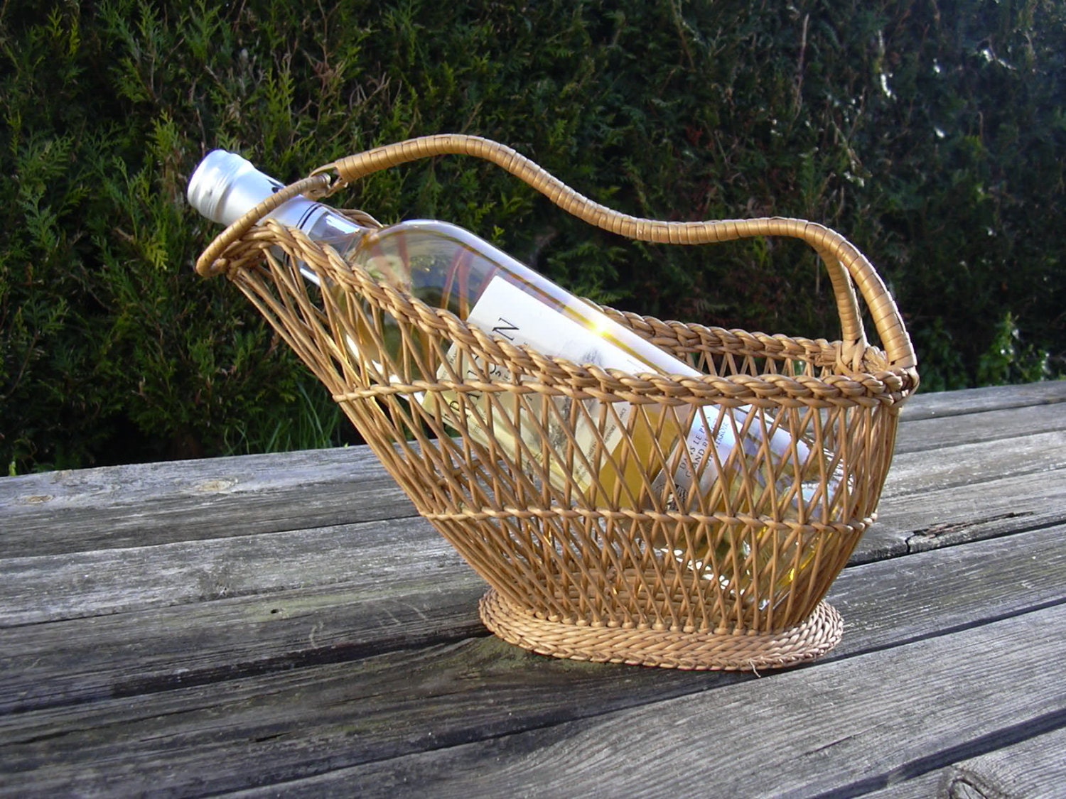 Mid century wicker bottle holder wine bottle by MyNiftyBrocante
