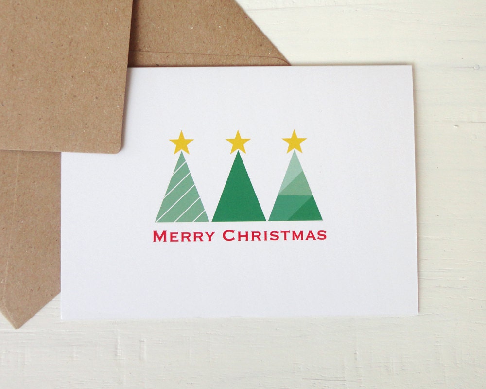 Christmas card xmas card modern greeting card christmas trees merry christmas green red - AvenirCards
