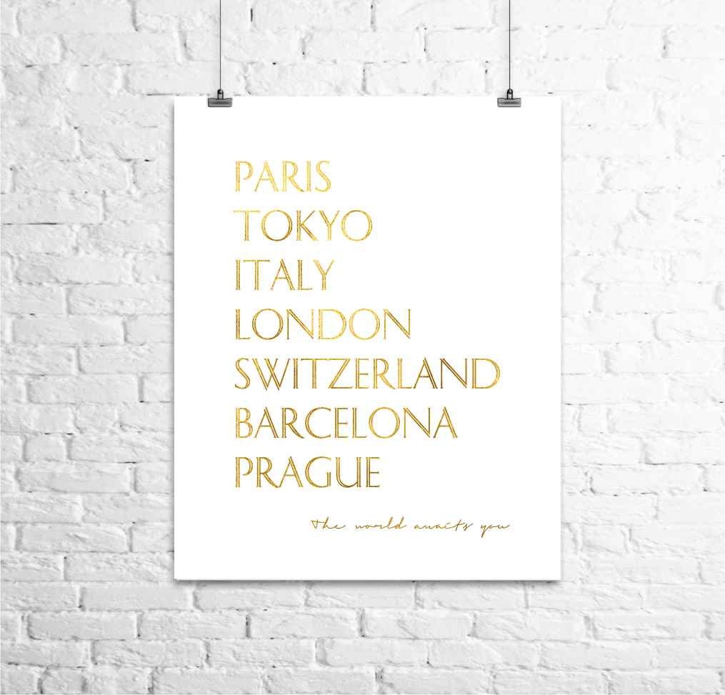 Travel Poster, Wish List, Gold Print, Office Decor, Bedroom Wall Art, Wall Art, Future Travel, Bucket List, Paris, Tokyo, Italy, London - TheDigitalStudio