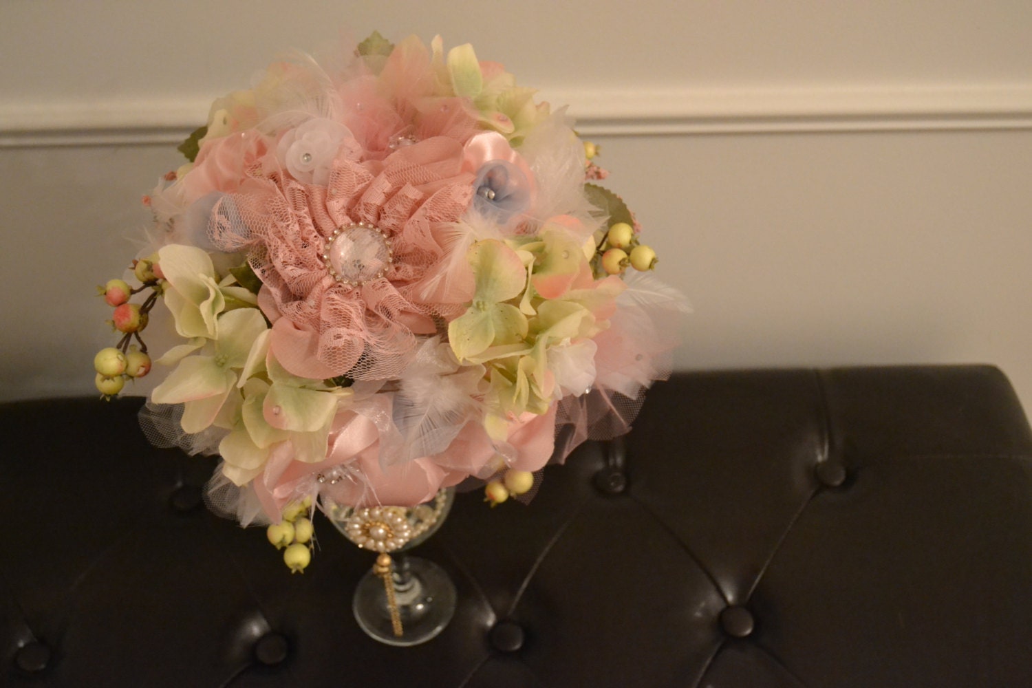 Bridal Bouquet with gold, pearl, feather and brooch detail