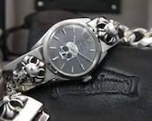 The Dorian Gray - Vintage ROLEX Watch exquisitely united with Custom Golgotha Skull CROSS Sterling Silver 0.925 Bracelet by Dark Triumph - DarkTriumph