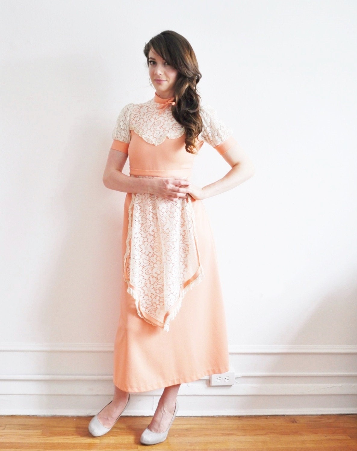 peaches and cream lace dress. boho apron frock .extra small xs .sale