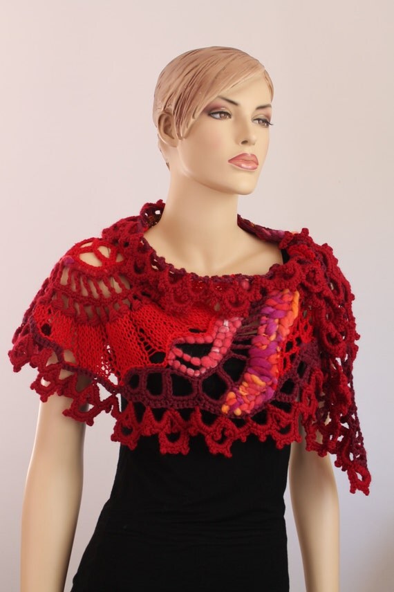 Freeform Crochet  Knitted Scarf Shawl  in Shades of Red / Wearable Art / OOAK