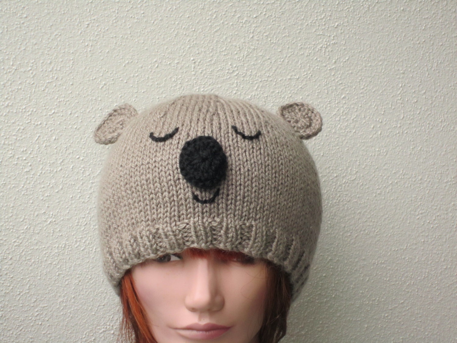 Koala bear animal hat beanie. Wool / silk / mohair novelty winter hat for teen or small adult - HotScones