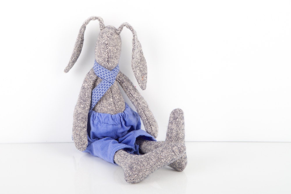 Stuffed bunny rabbit , Child toy, plush boy doll from knitted pure silk ,wearing baby blue corduroy & Geometric Scarf -eco  handmade doll - TIMOHANDMADE