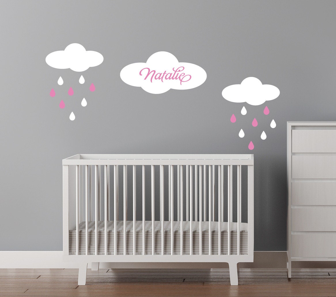 Custom Name Decal - Baby Girls Name - Clouds with raindrops personalized decal Free US Shipping - CherryWalls
