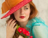 Vintage hat, red straw sunhat, orange grosgrain ribbon, The Emporium, California - RoseleinRarities