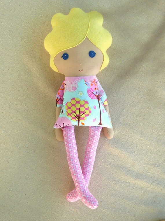 Fabric Doll Rag Doll Blond Haired Girl in Whimsical Blue Tree Dress