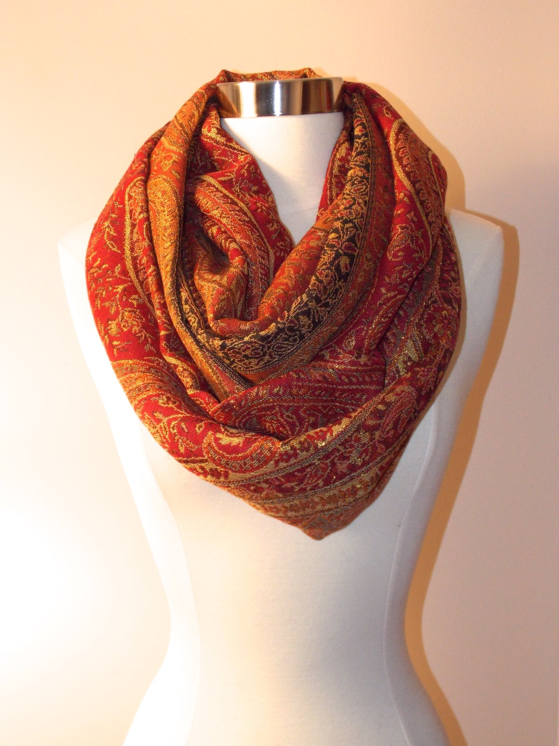 20 % off Autumn pashmina paisley infinity scarf/Christmas scarf/Fall colord scarf/Gold paisley - OllasCreations