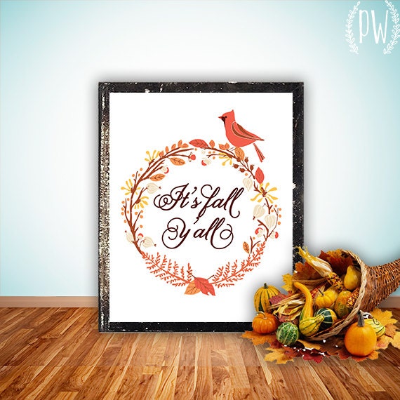 Fall printable wall art print decor autumn, it's fall y'all, decoration thanksgiving floral typography art print home decor INSTANT DOWNLOAD