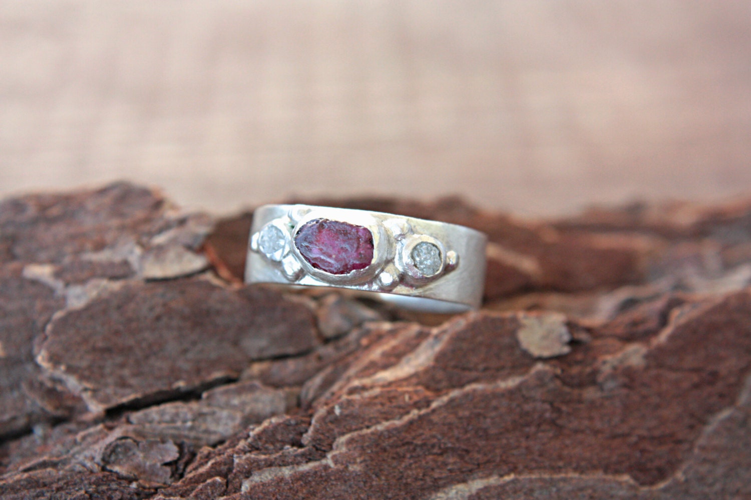 Rough Diamonds Rough Ruby Ring Sterling Silver Raw Diamond Raw Ruby Engagement Ring Size 7 1/4 Silversmithed Metalsmithed - ManariDesign