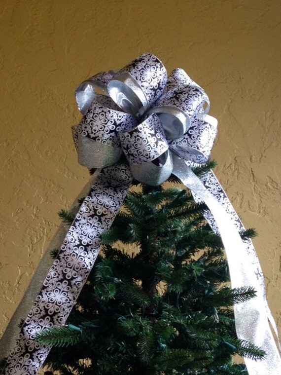 black silver glittered tree topper bow by custombowsbyjami black silver glittered tree topper bow by custombowsbyjami