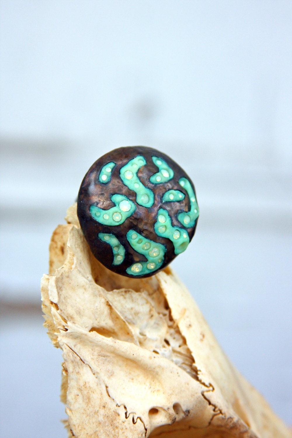 Giant Brass Cocktail Ring - Cosmic Coral Reef - Glow in the Dark - Outer Space Green - LemantulaDesigns
