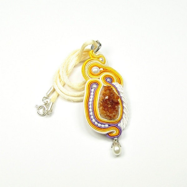 Soutache Necklace. Hand Embroidered Necklace. Yellow and Orange Necklace. Pendant. Raw Citrine Crystal Necklace. Lemon.Yellow. Raw Crystal. - SoutacheAnna