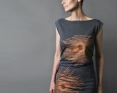 For Her - Party Dress - Peacock Feather - Metallic Copper Rust Feather Print - Day to Night - sealmaiden