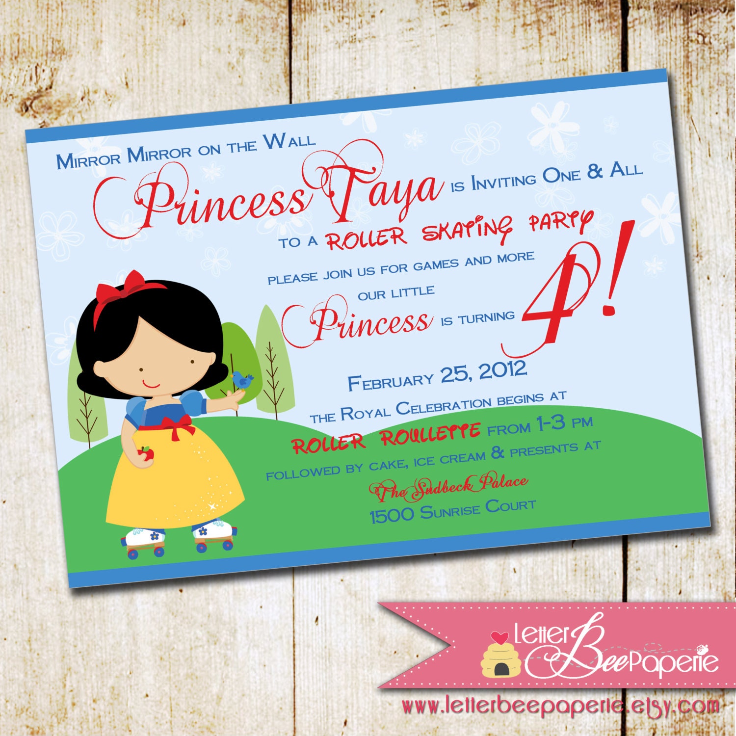 Snow White Inspired Girl's Birthday Party Invitation - DIY Printable Invite - Disney Princess - Roller Skating Parties- Princesses Il_570xn