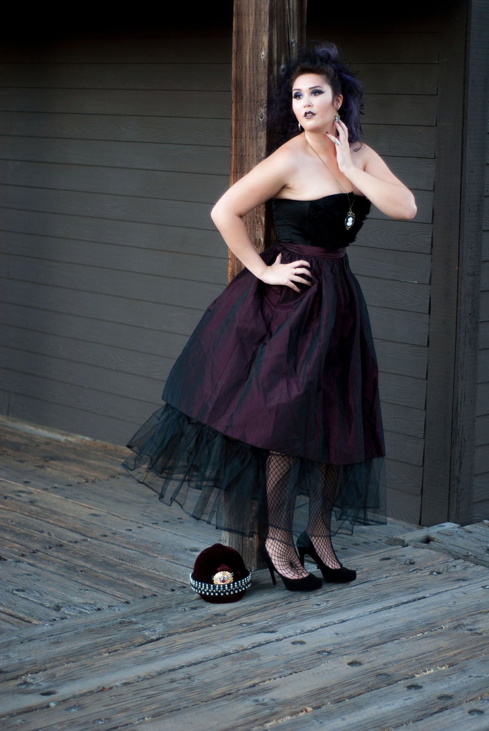 Vintage skirt, purple black tulle, steampunk goth princess, plus size L XL - RoseleinRarities