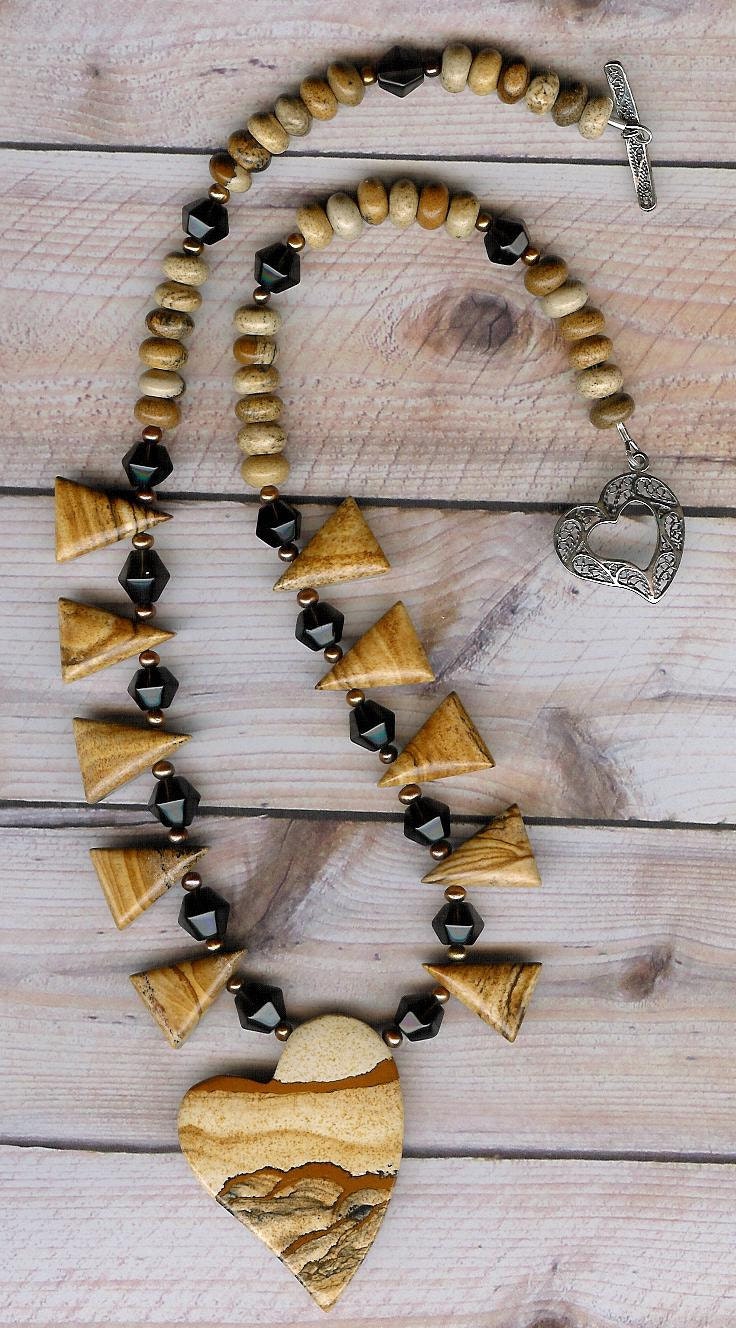 Love Triangles - African Queen Picture Jasper, Smoky Quartz, Freshwater Pearls, Sterling Silver Necklace - ChicStatements